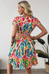 Bohemian Abstract Print V Neck Smocked Waist Tiered Ruffle Mini Dress